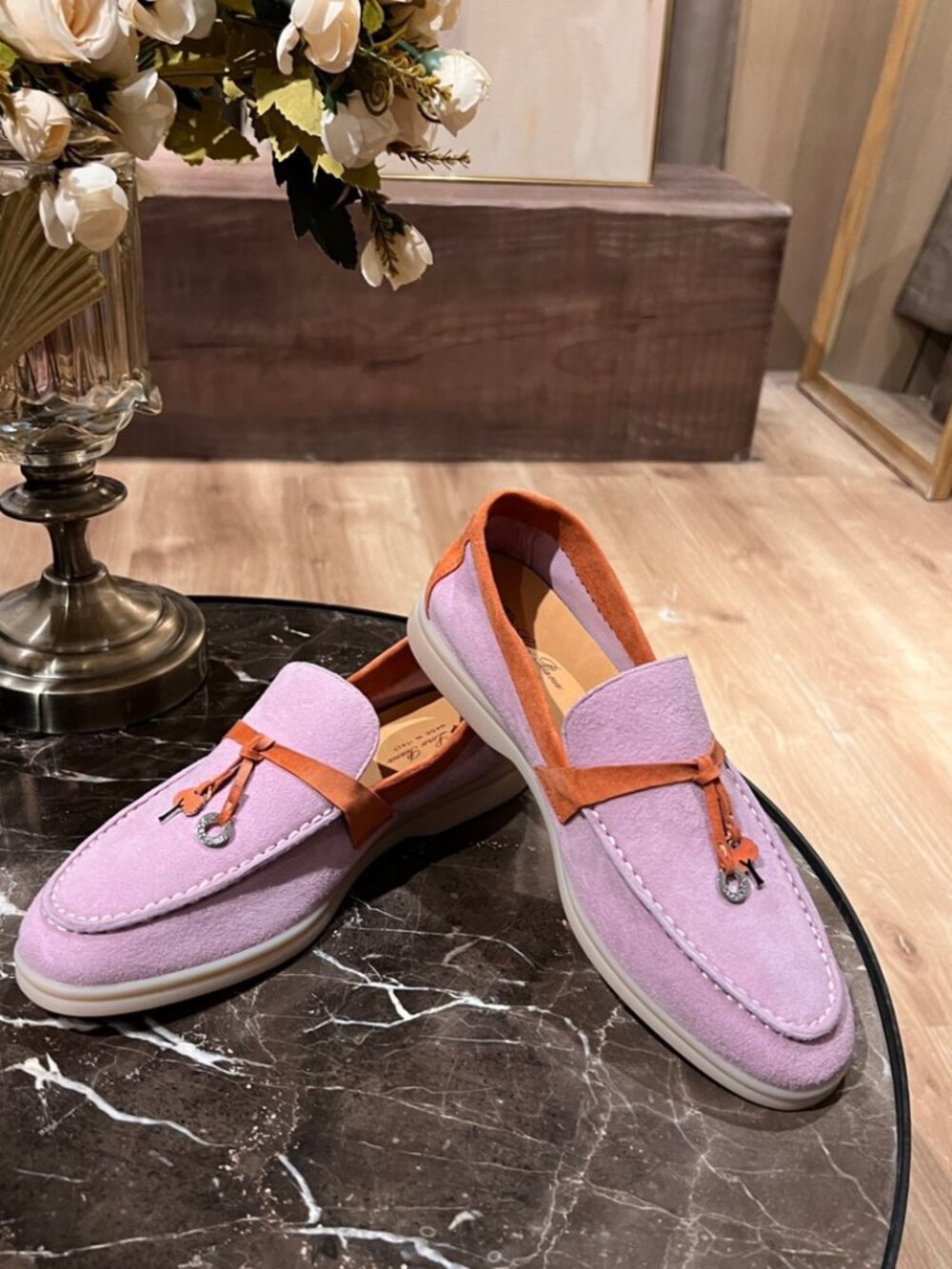 Loro Piana Pink-Orange Color-block Suede Loafers
